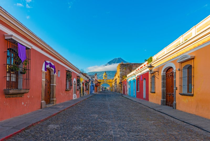 colorful main street of Antigua city at sunrise