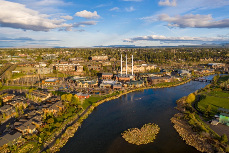 Aerial view of the Old Mill District in Bend, Oregon