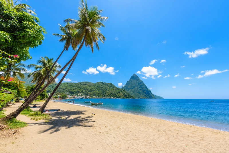 Paradise beach at Soufriere Bay with view to Piton at small town Soufriere in Saint Lucia, Tropical Caribbean Island