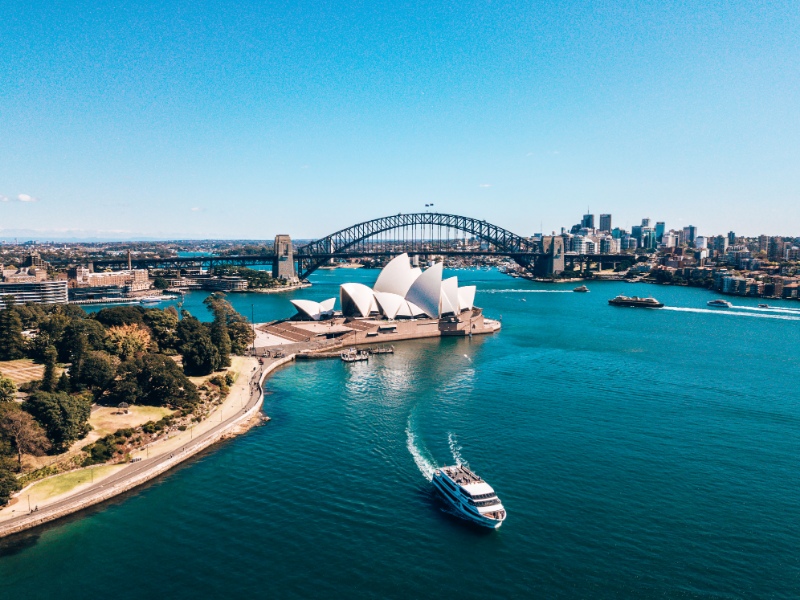 Sydney, Australia. Landscape aerial view of Sydney Opera house near Sydney business center around the harbour.