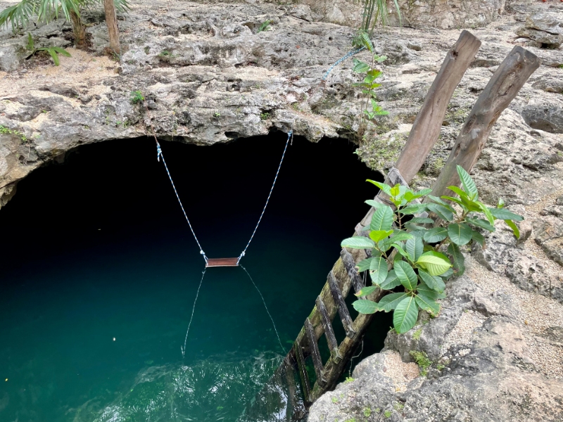 General view of the Calavera cenote near Tulum, Mexico. Cenote in Mexico and tropical garden around