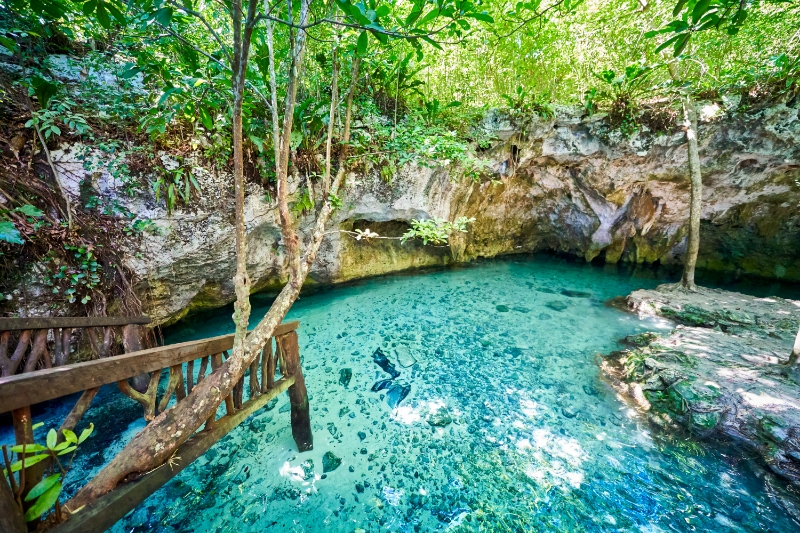 The cave with turquoise waters on the Gran Cenote in riviera maya - quintana roo, Mexico