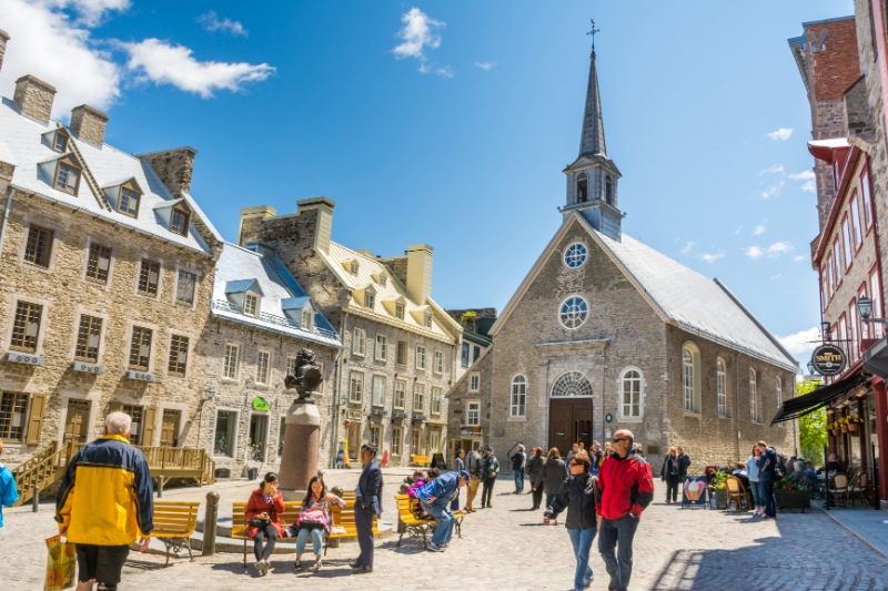 Place Royale, a town square, in Old Quebec city Canada, with the Notre-Dame-des-Victories church