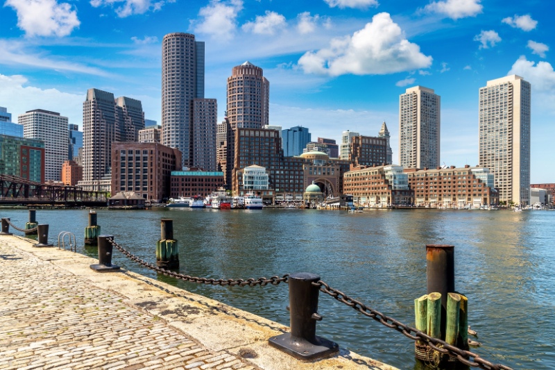 Panoramic view of Boston cityscape at Fan Pier Park in a sunny day, USA
