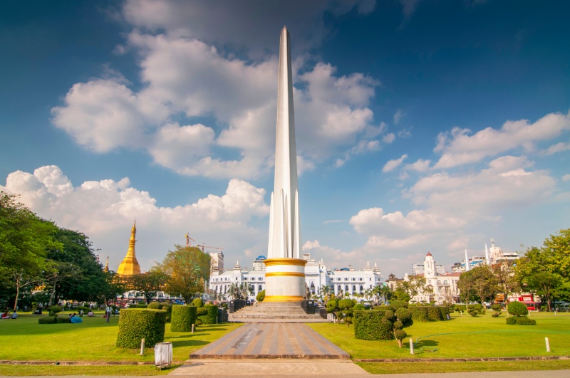 National Independence Monument in Maha Bandula Park, also Maha Bandula Garden, in downtown Yangon, Rangoon, Burma, Myanmar, Asia.