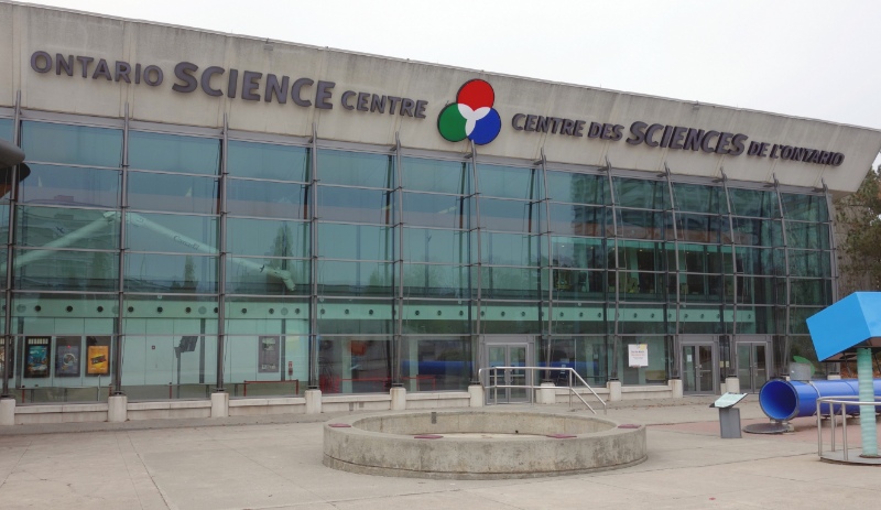 A view of the main facade of the Ontario Science Center in Toronto, Canada