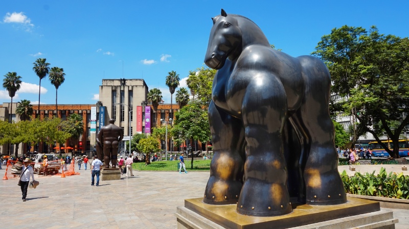 Activity in the Botero Plaza. Sculptures by Fernando Botero, a famous artist from Medellin