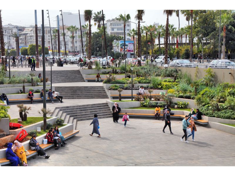 People visit United Nations Square (Place des Nations Unies) in downtown Casablanca, Morocco.