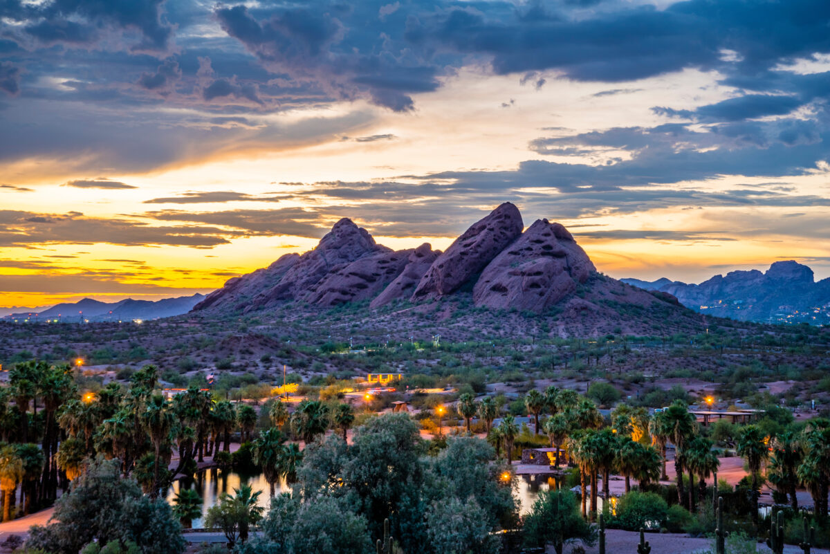 The red sandstone buttes of Papago Park in Arizona after sunset.