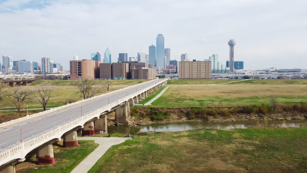 Top view walking and biking trails along Trinity River near Downtown Dallas and Commerce Street