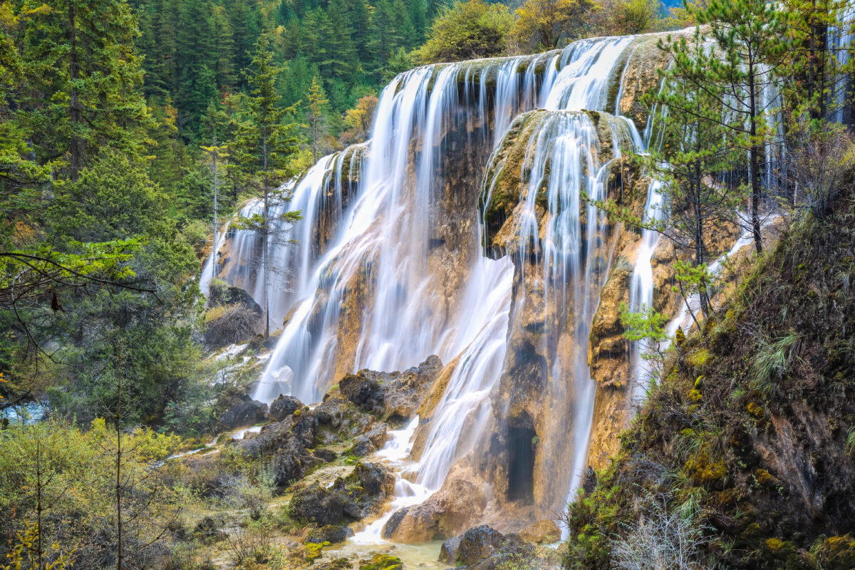 beautiful pearls beach waterfall at jiuzhai valley national park, sichuan, China.