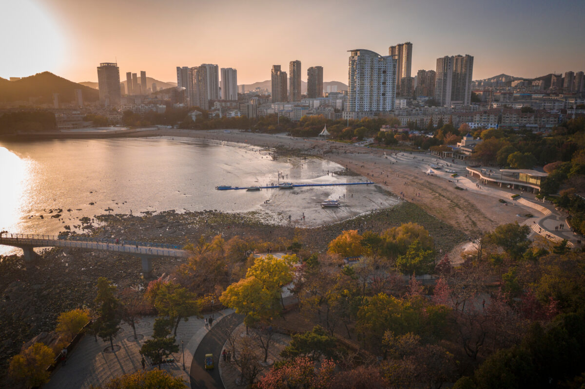 aerial photography of Xinghai Park in Dalian under sunset