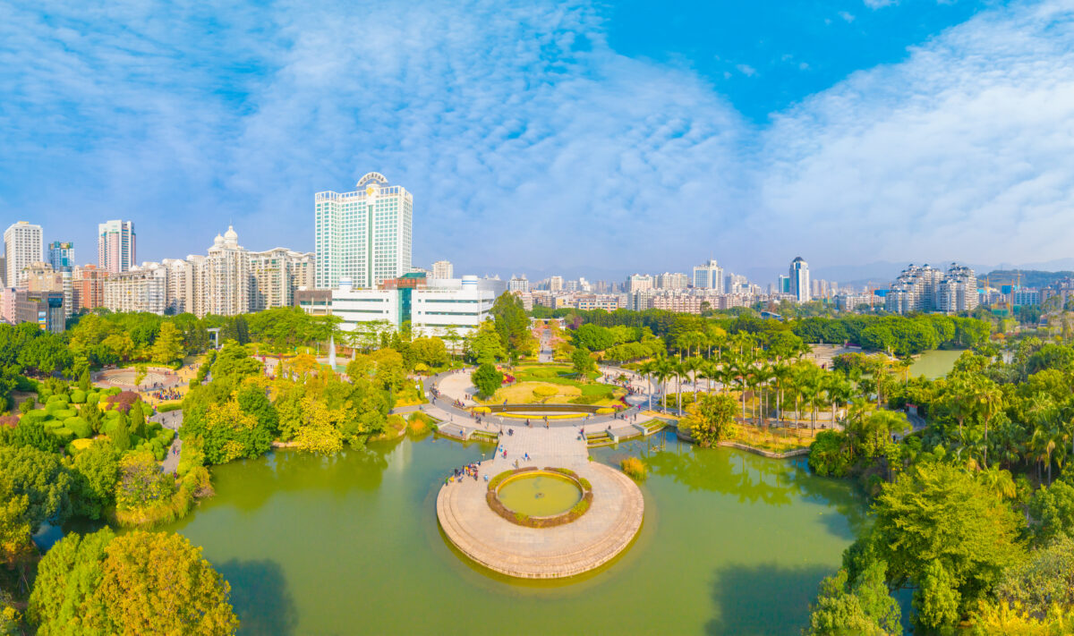 Hot spring park and CBD scenery of Wusi Road, Fuzhou City