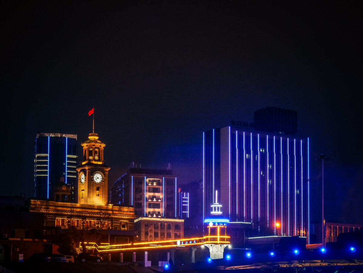 Night landscape of Jianghanguan museum,located in Jianghan walking street,Wuhan