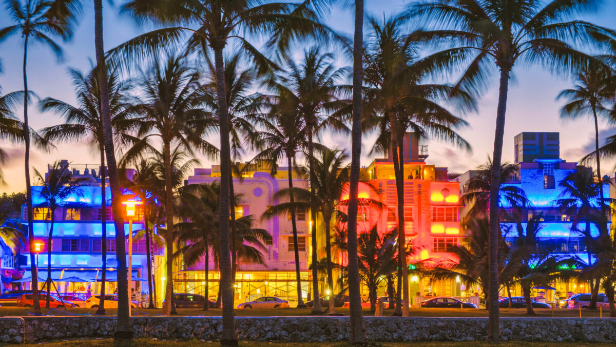 Miami Beach , colorful Art Deco District at night