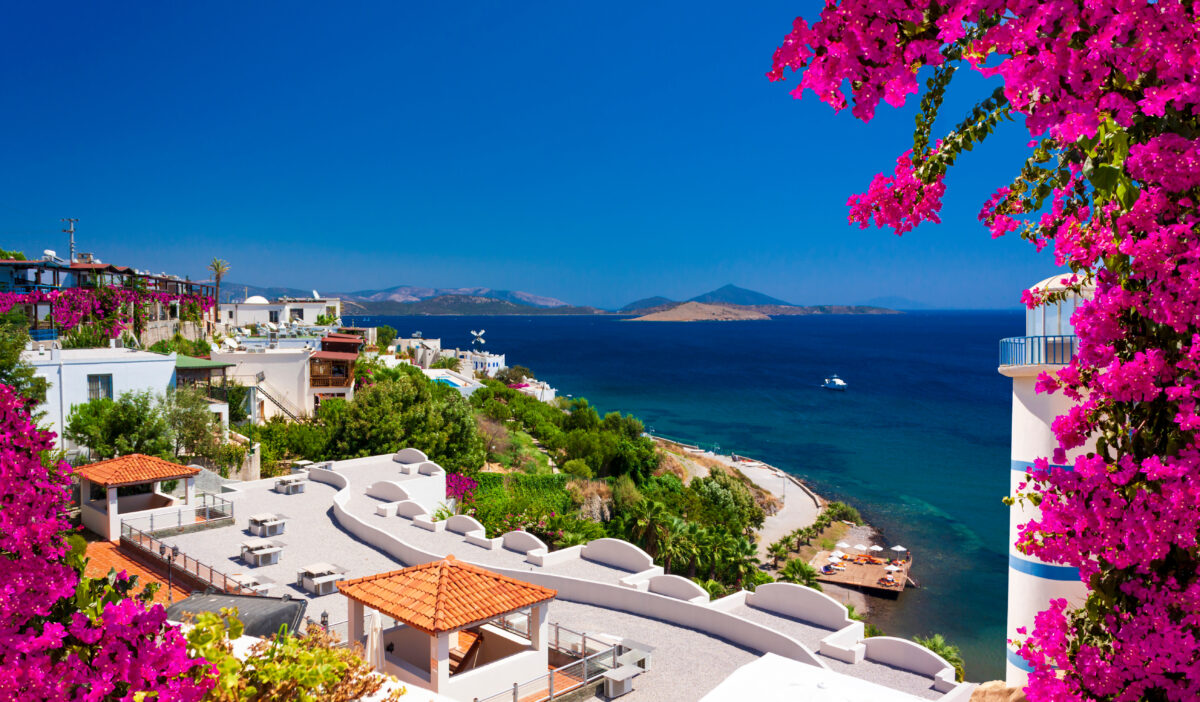 Beautiful pink and purple flowers frame a sea view in Ortakent, Bodrum, Turkey