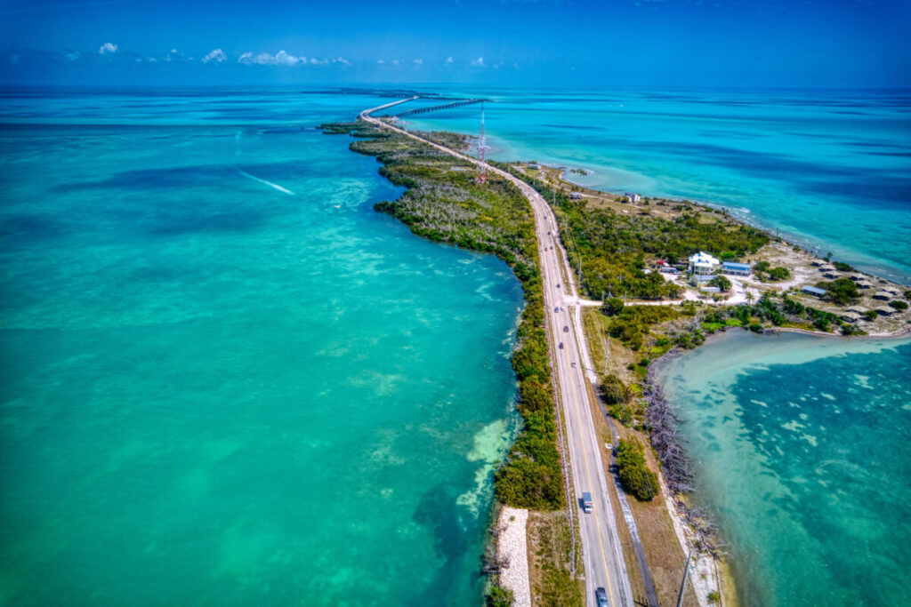 Aerial view of the scenic Overseas Highway through the Florida Keys with turquoise waters