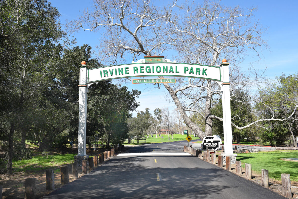  Irvine Regional Park Centennial sign. Founded on land donated by James Irvine, it is the oldest regional park in California.