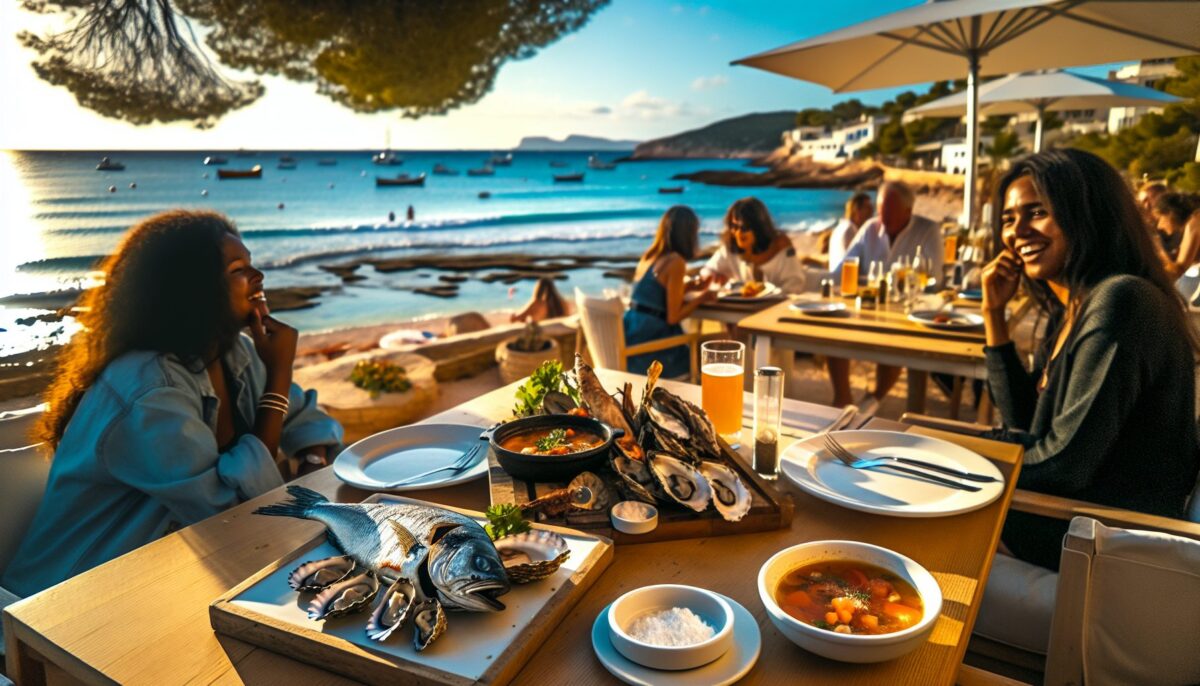 A scenic coastal view with fresh seafood dishes served at a seaside restaurant