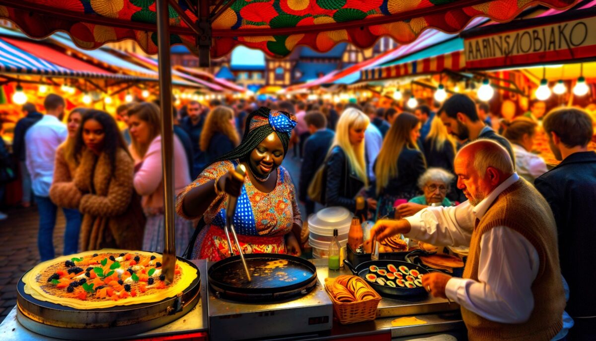 Colorful array of international street food in a bustling European market