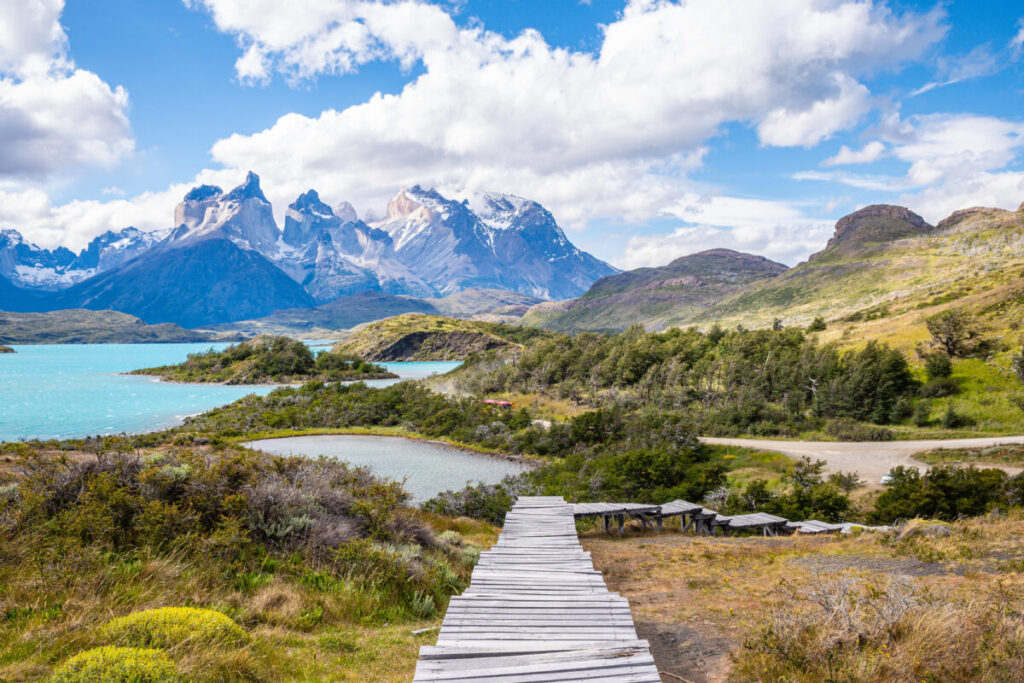 Panoramic view of Torres del Paine National Park Trail in Chile