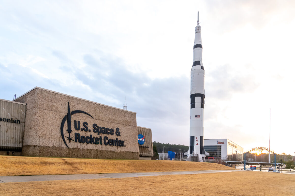 The exterior view of the U.S. Space and Rocket Center in Huntsville, Alabama, USA, Alabama is a museum operated by the government of Alabama.