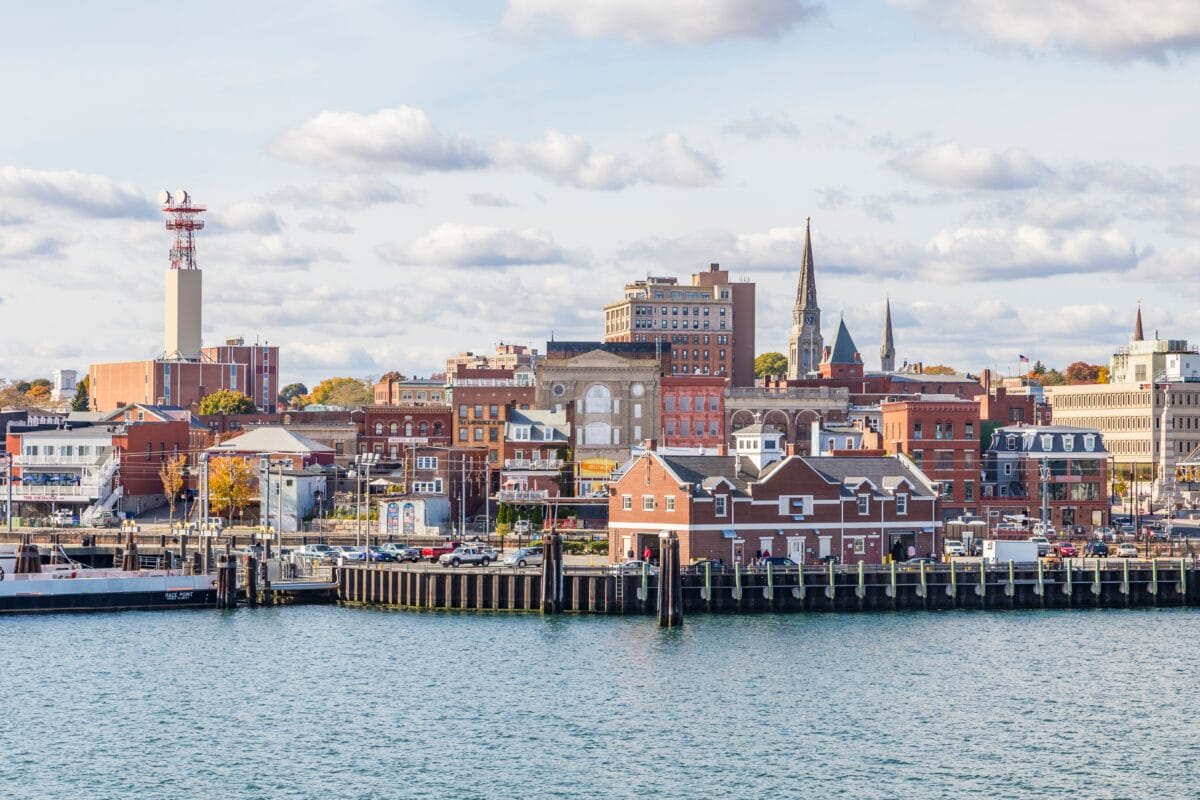 skyline of New London in Connecticut, USA.
