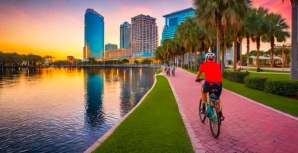Biking in Tampa with cityscape view