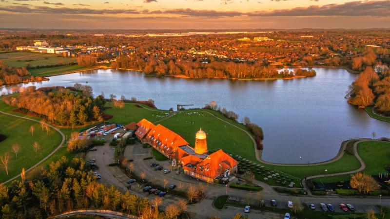 Aerial view of the Lake Müritz during sunset in Germany