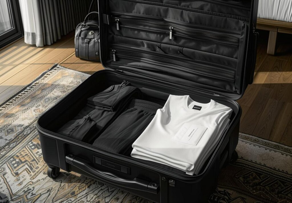 Neatly packed open travel suitcase with black and white clothing, next to a stylish weekender bag on a decorative rug in a sunlit room.