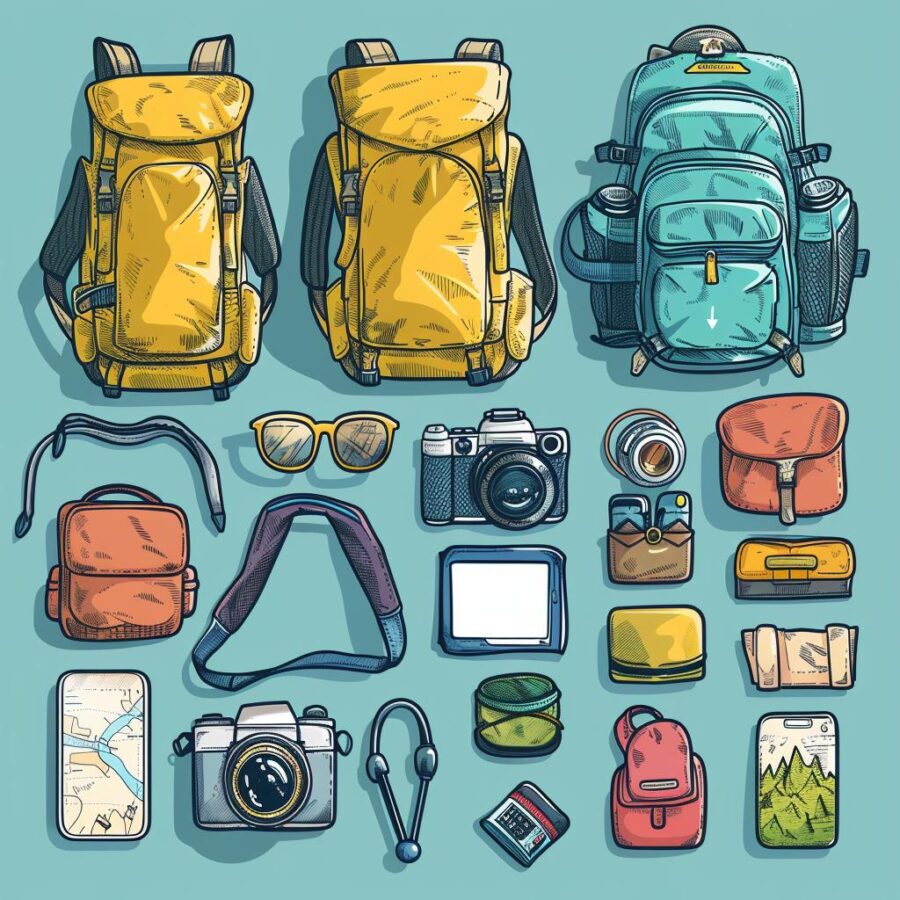 Vector illustration of camping and travel gear essentials: backpacks, cameras, sunglasses, maps, and various accessories.