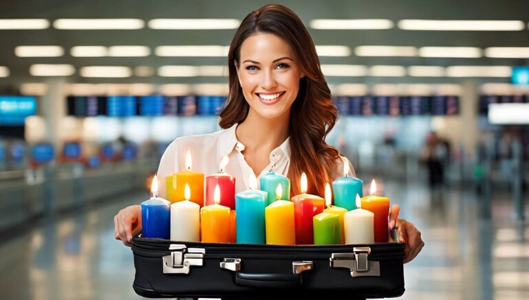 Candles are combustible, thus most airlines forbid them in checked or carry-on baggage.
