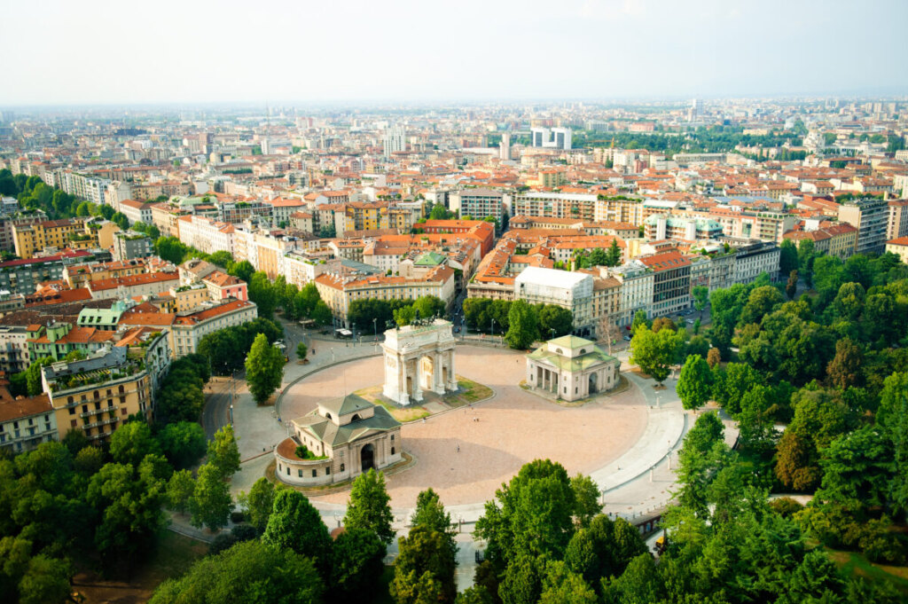 Aerial view of Arco della Pace in Sempione park in Milan, Italy