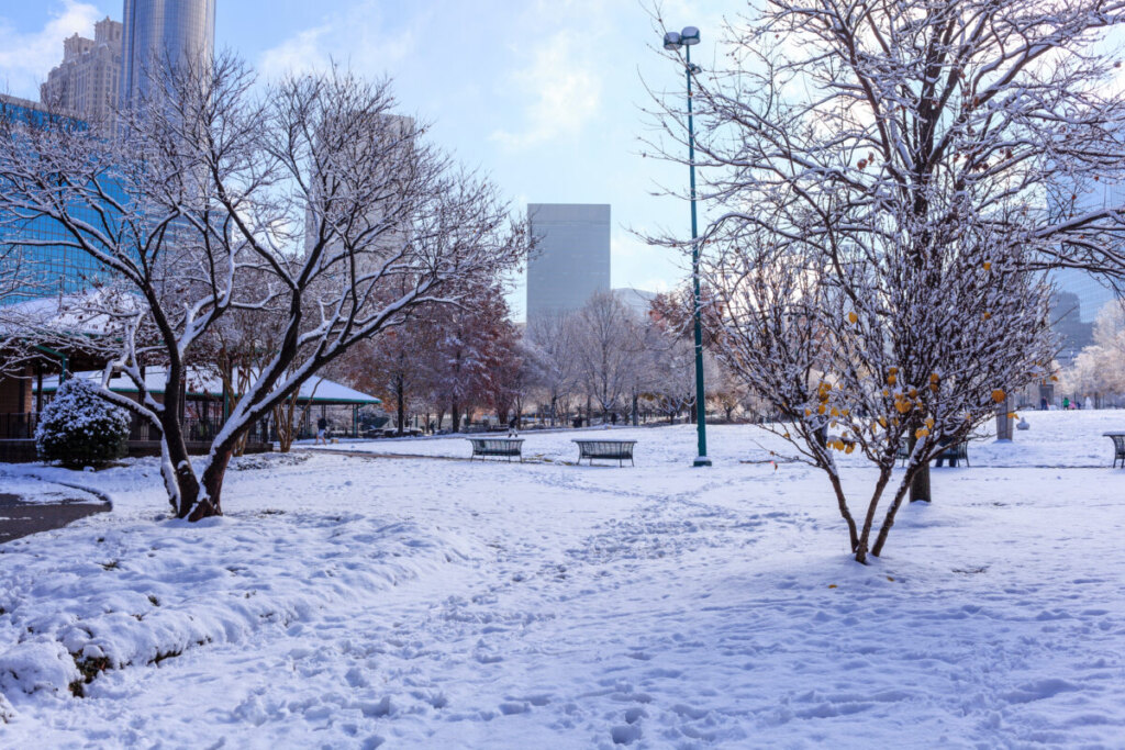 Snow-covered ground from a heavy snowfall in downtown Atlanta, Georgia
