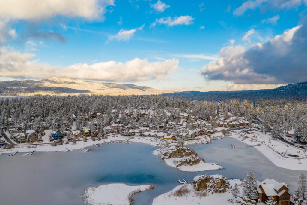 Aerial view of Big Bear Lake in California during winter