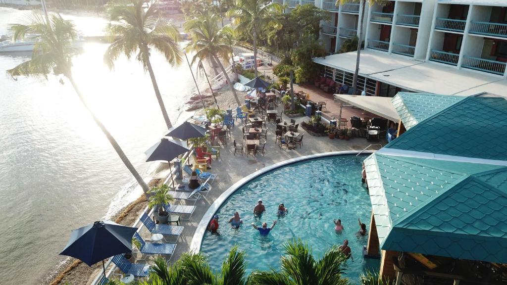 Tropical pool area at Bolongo Bay Beach Resort with ocean views and palm trees