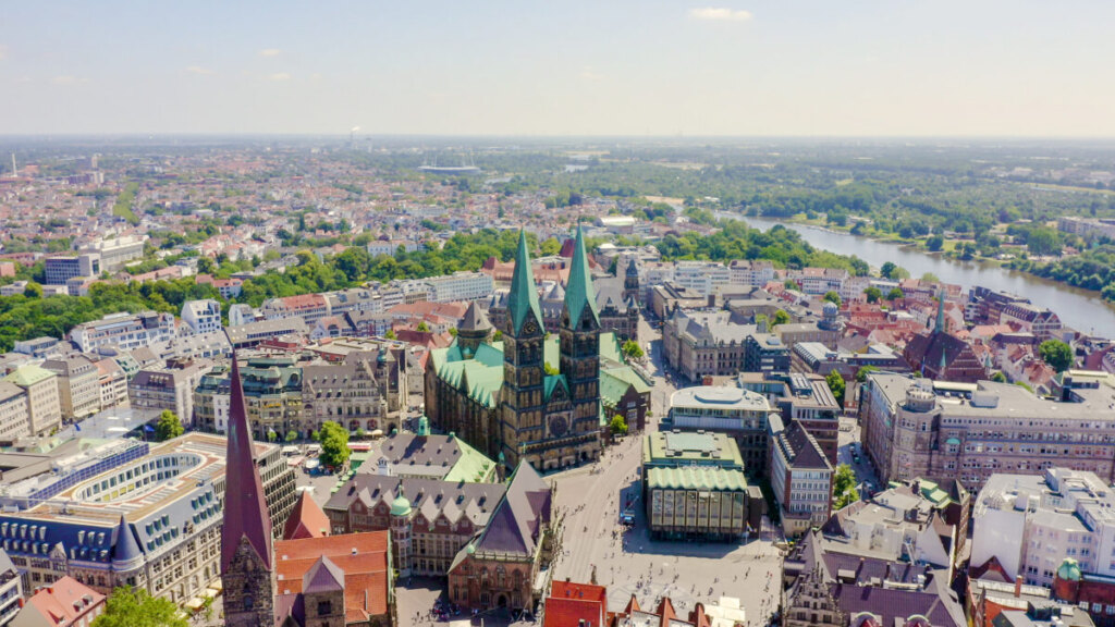 Aerial view of St. Petri Dom Bremen and Bremen Cityscape in Germany