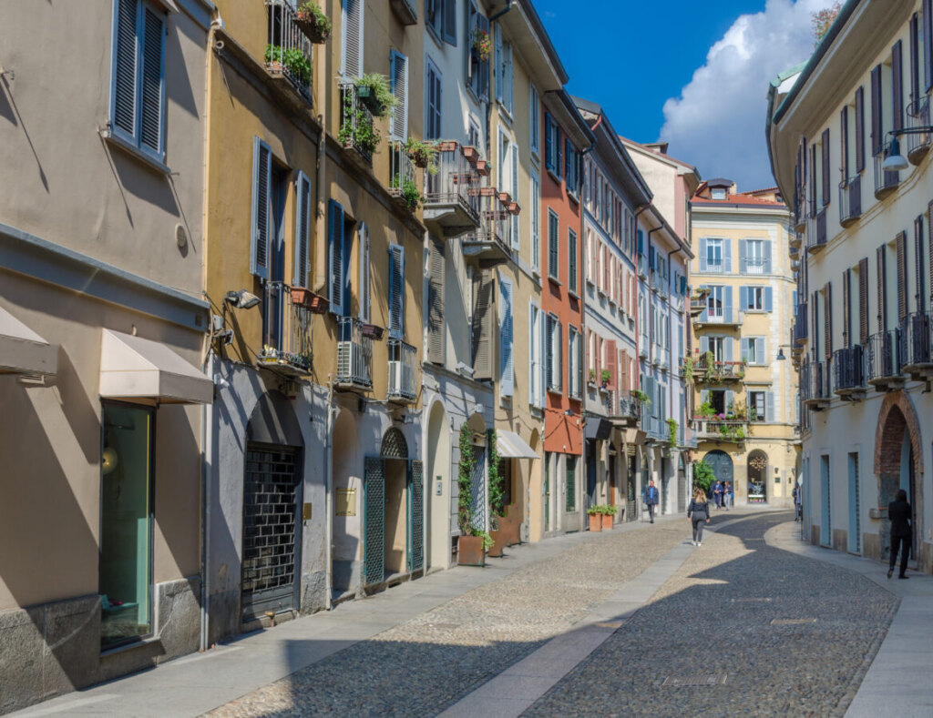 Street and beautiful houses of the Brera District in Milan, Italy