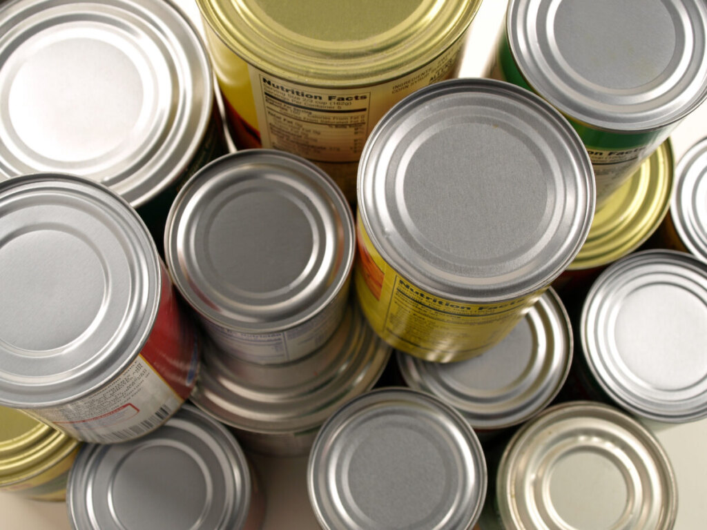 Close-up of stack of canned foods