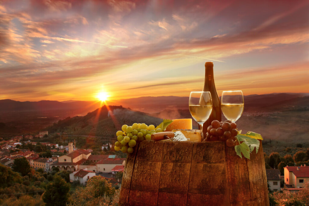 Chianti, Tuscany, Italy vineyard and white wine