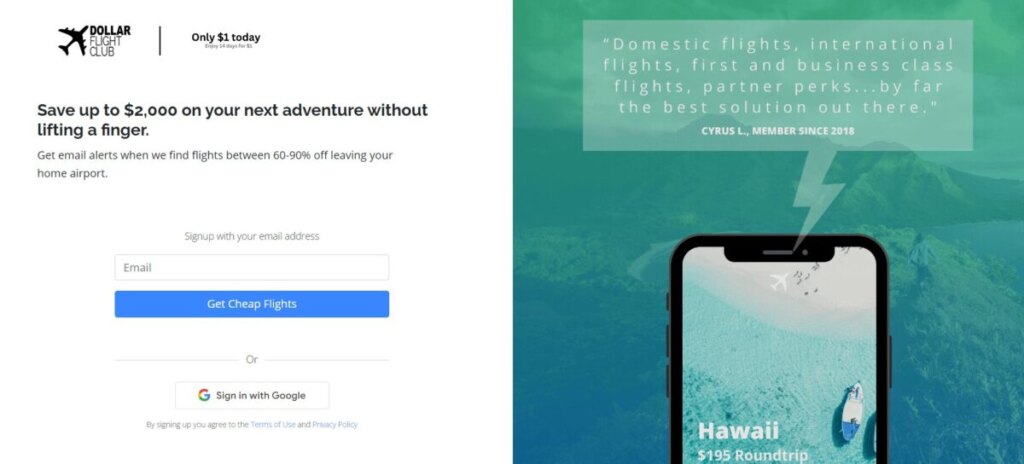 Dollar Flight Club Sign Up webpage