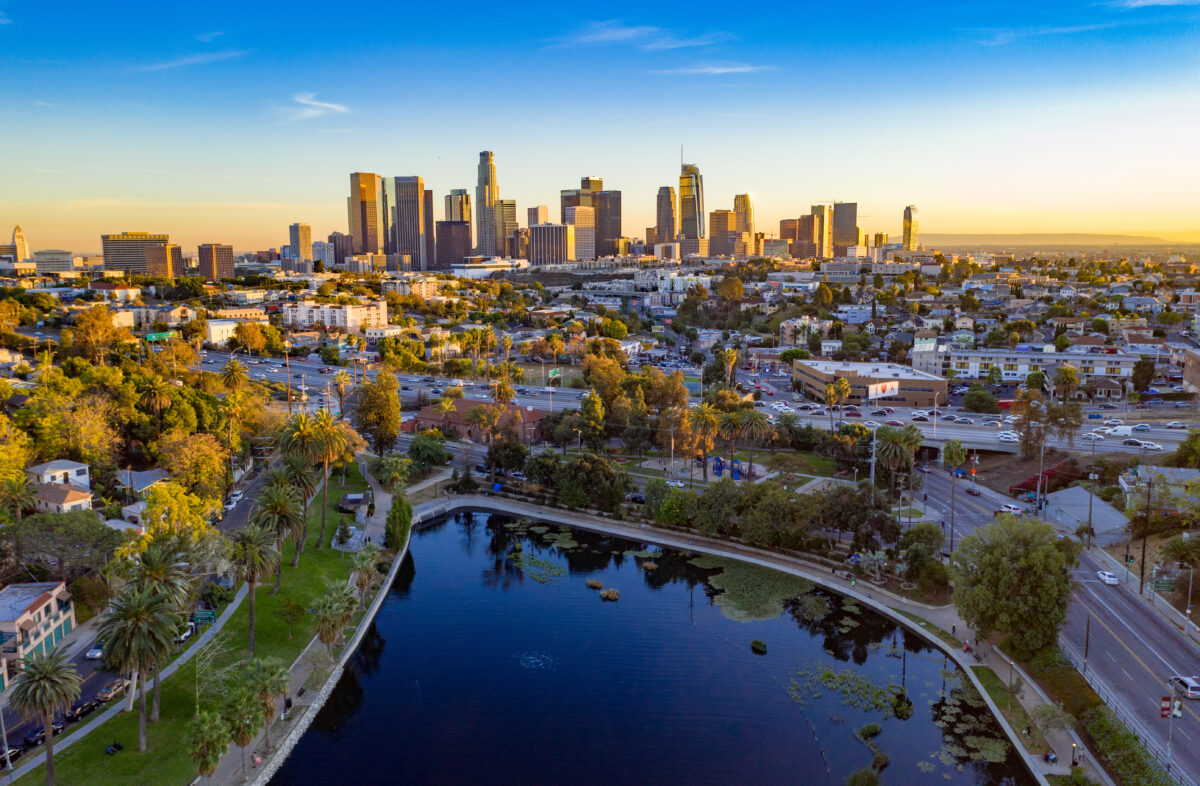 Panoramic view of Los Angeles, California skyline and skyscrapers