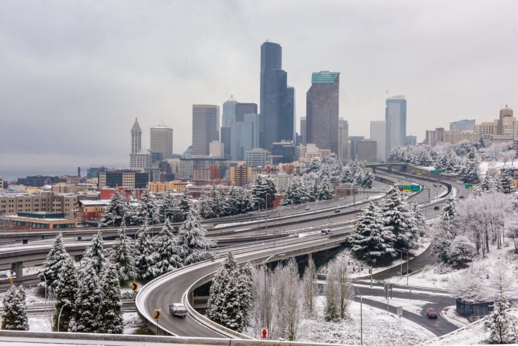 Panoramic view of downtown Seattle covered in snow