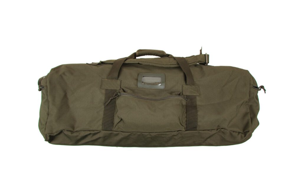 Close-up of a green travel duffel bag