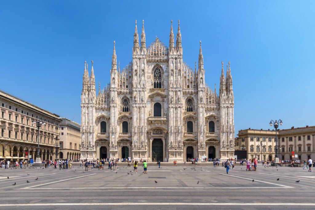 Front and exterior of the Duomo di Milano in Milan, Italy 