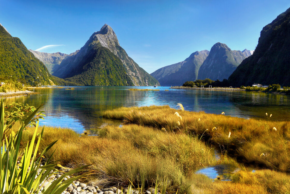 Breathtaking Milford Sound fjord with dramatic waterfalls in Fiordland National Park New Zealand