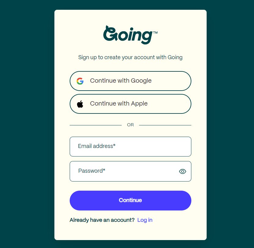 Going.com Sign Up Page
