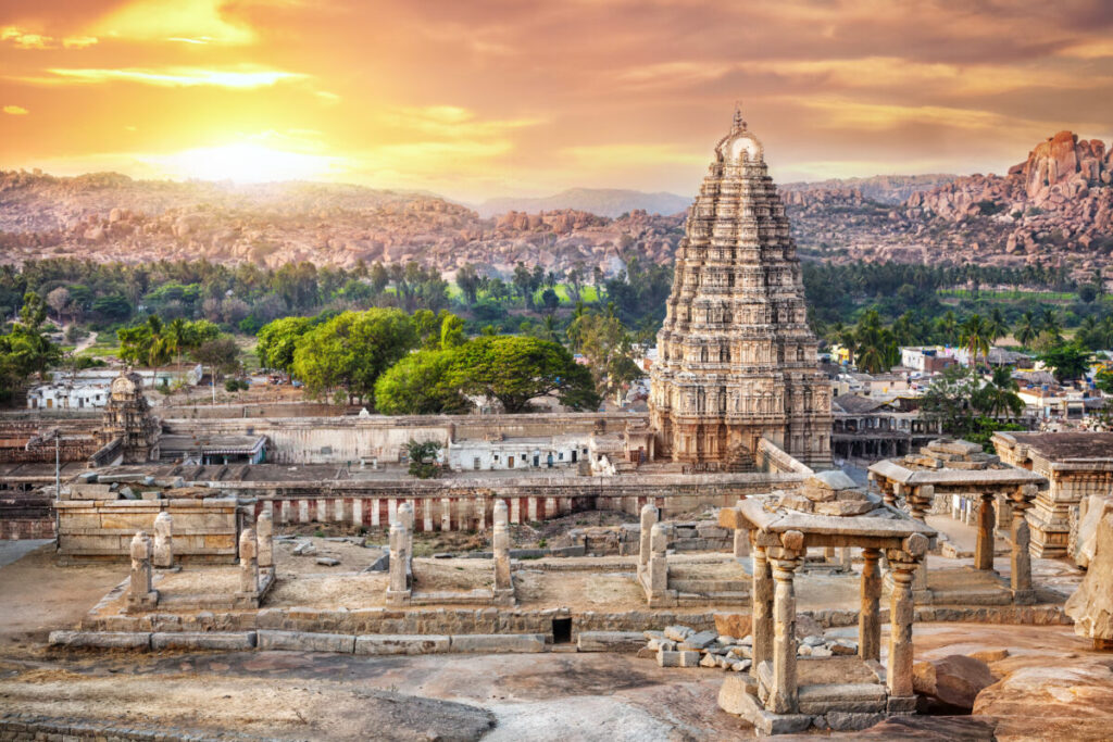 Sunset view of the Virupaksha temple in Hampi, India