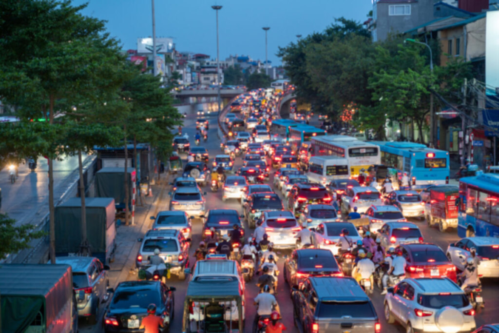 Aerial view of the traffic at night in Hanoi, Vietnam