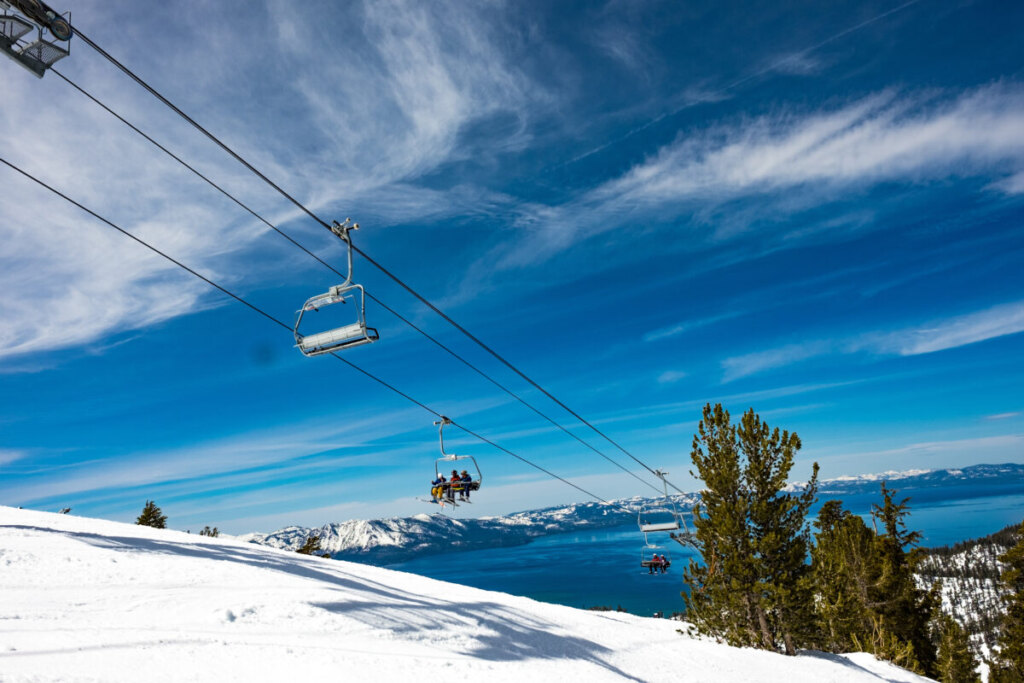 Ski Lift in Heavenly Mountain Resort and Lake Tahoe view on the California–Nevada border